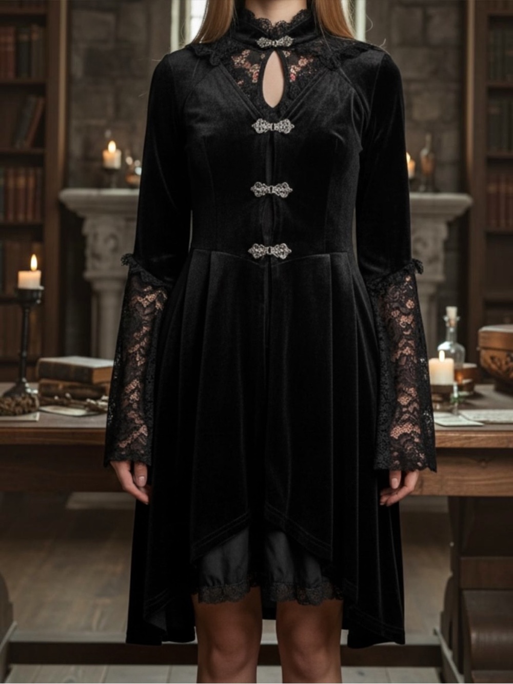 Whimsigoth Velvet Waistcoat Dress Heavy Metal Frog Clasps Lace Bell Sleeve S